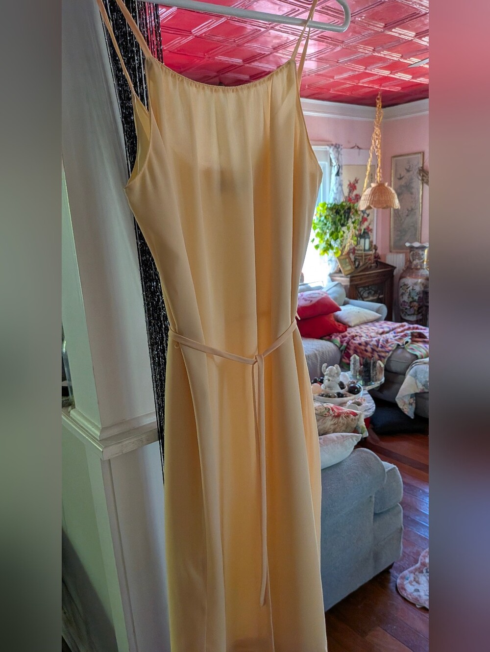 Strapless Cream Slip Dress with Waist Tie